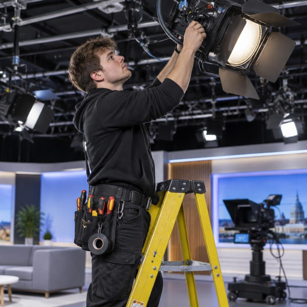 Lighting technician adjusting a studio light rig