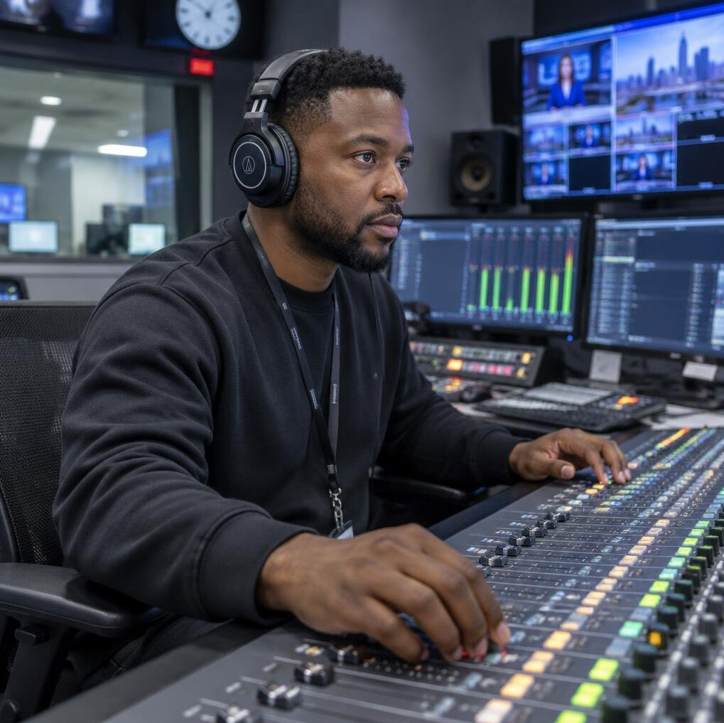 Sound engineer working at an audio mixing desk