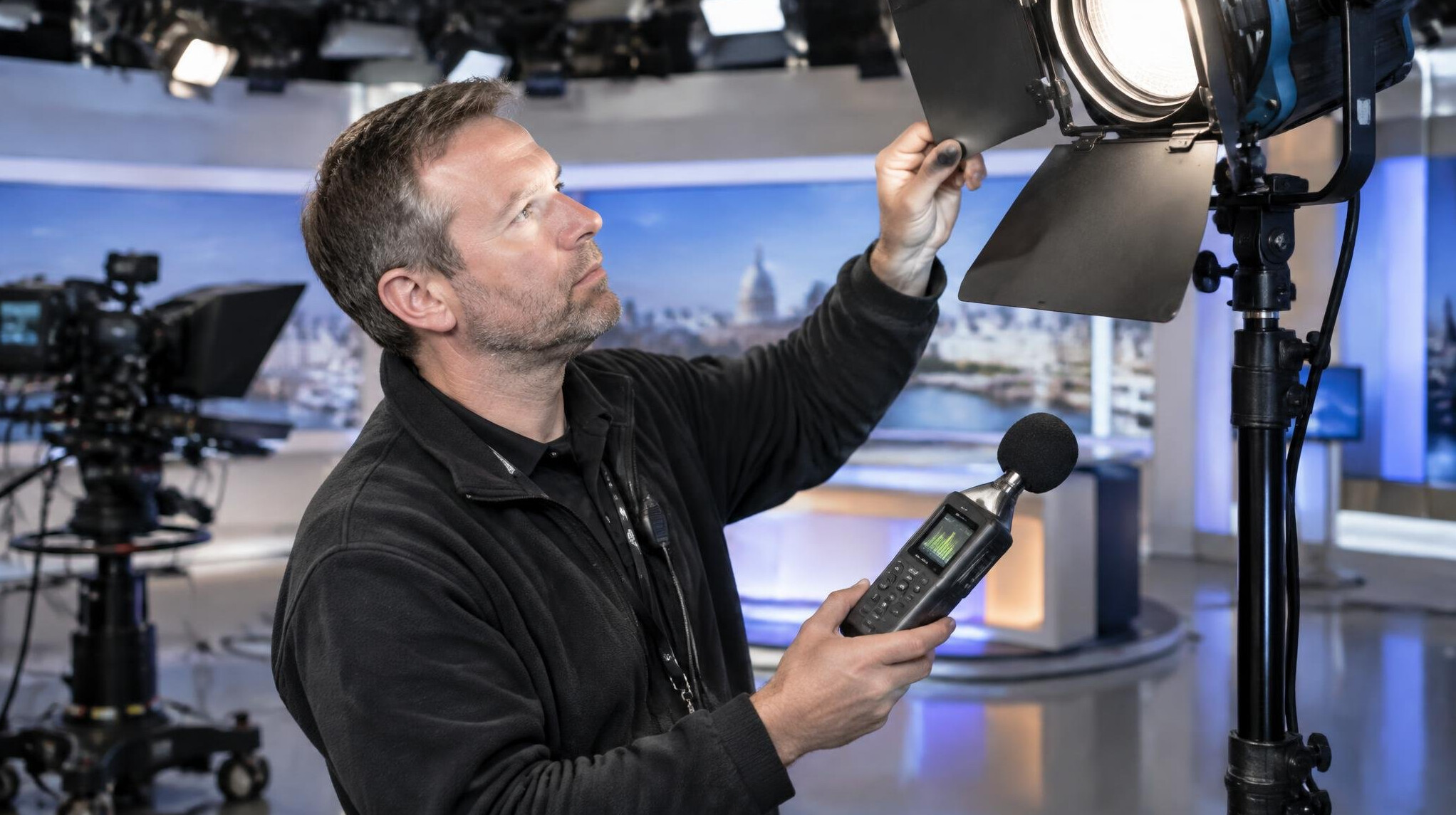 Technician adjusting studio lighting and checking audio levels