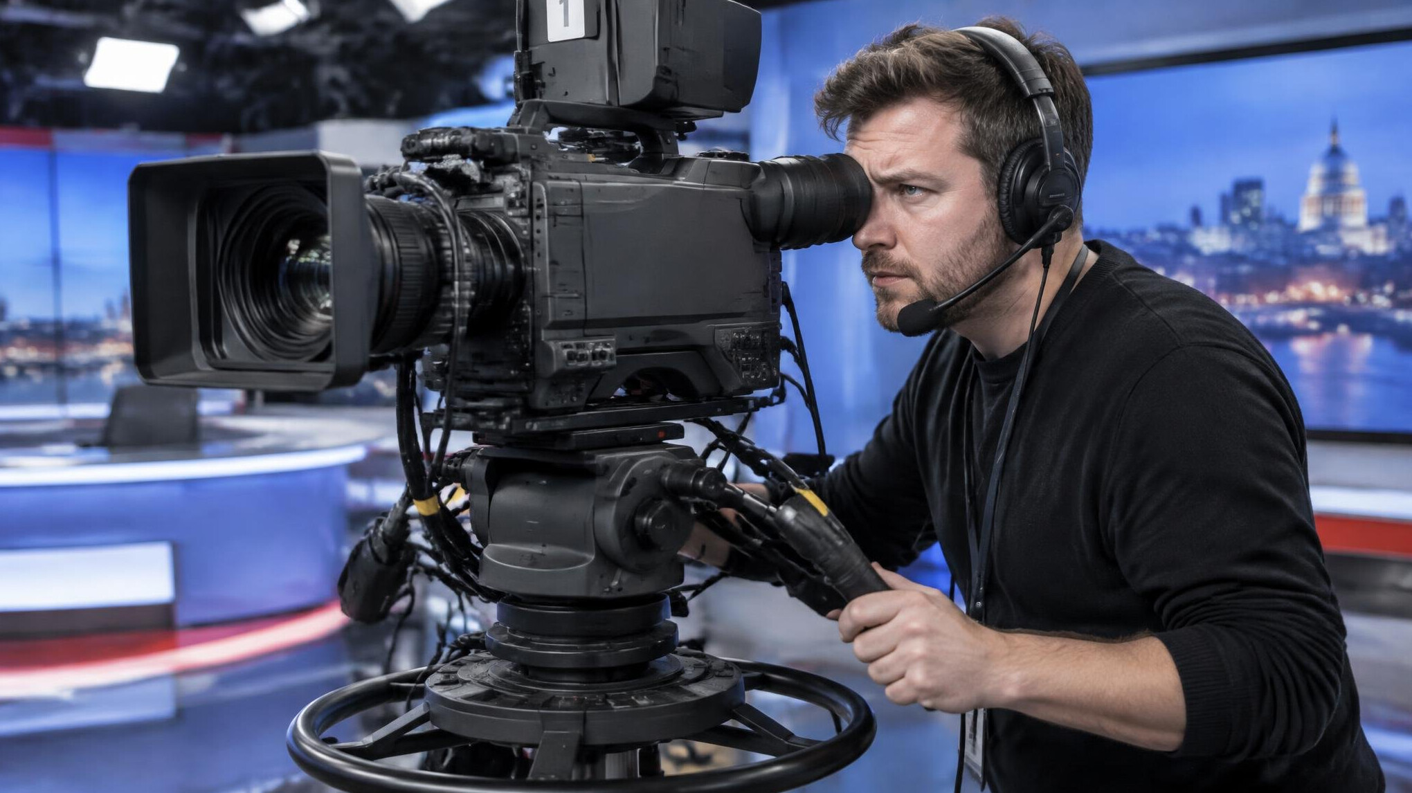 Television studio with camera operator framing a shot