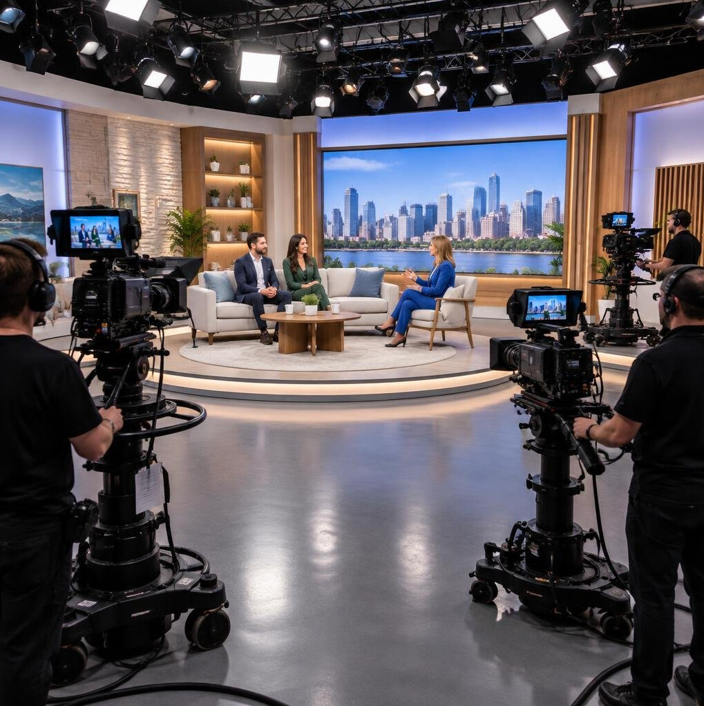 Multiple broadcast cameras positioned for a live studio show